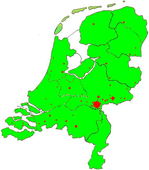 De verdeling van Frietopia-geregistreerde friettenten in Nederland in maart 2004.