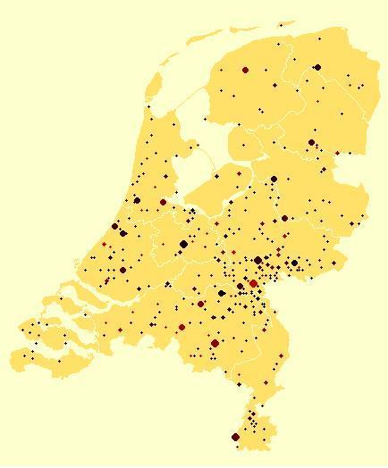 De verdeling van Frietopia-geregistreerde friettenten in Nederland in september 2008.
